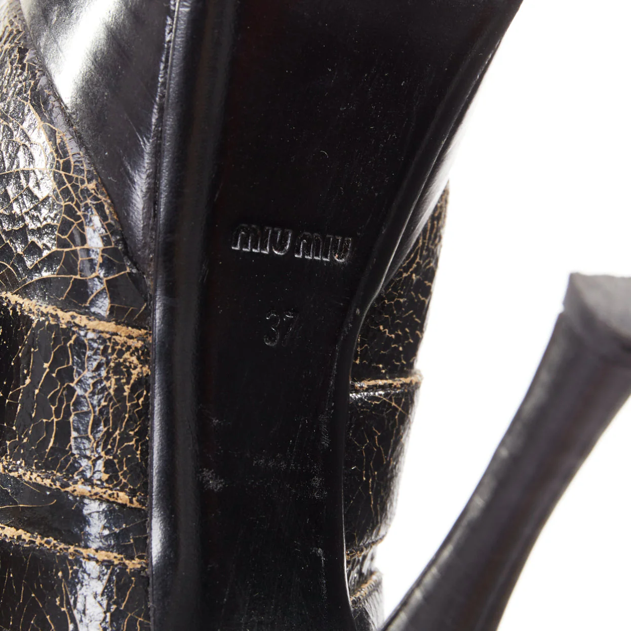Women's MIU MIU dark brown cracked effect leather triple strap platform heels EU37 - Image 10