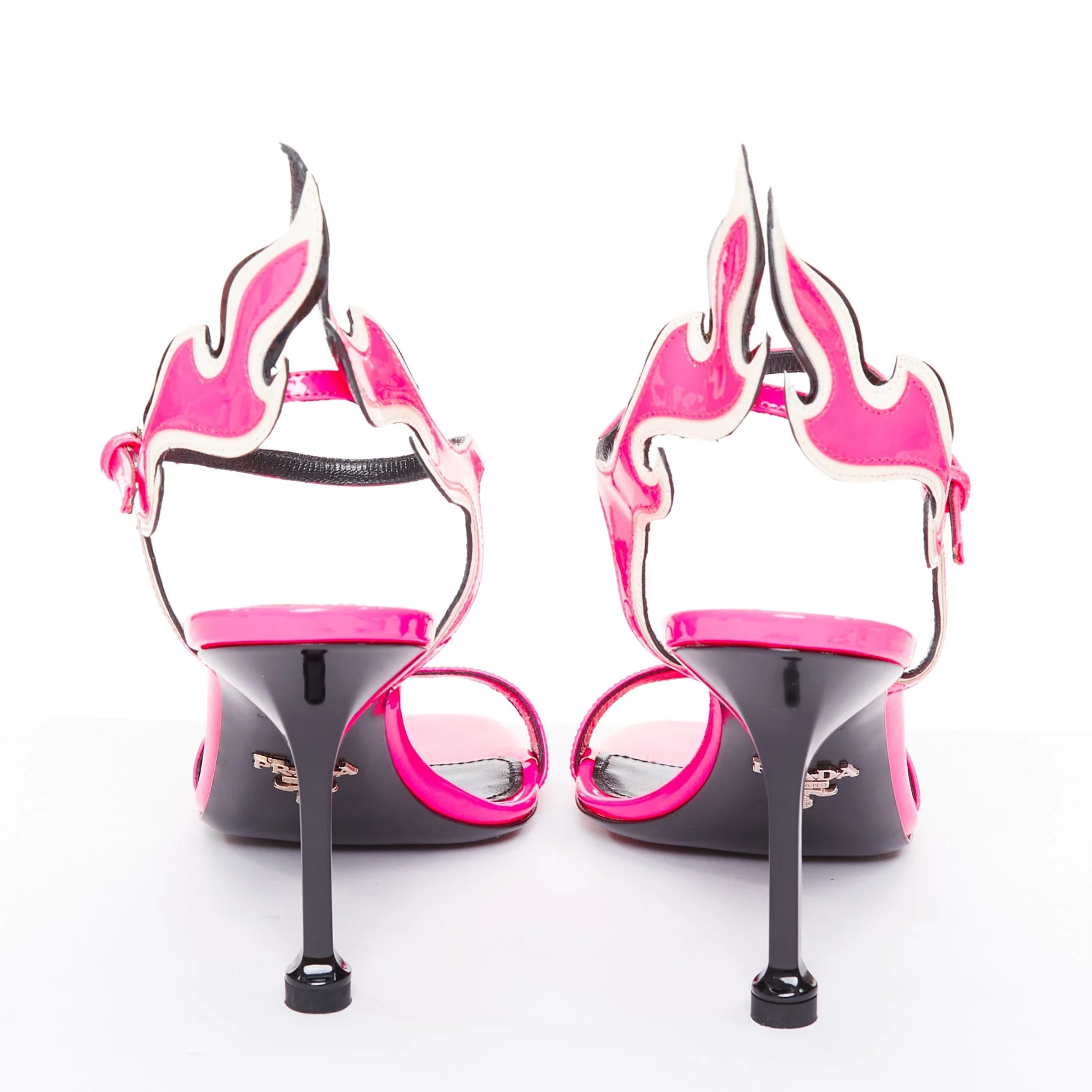 Women's PRADA 2018 Flame fluo neon hot pink white patent Fire mid heel sandal EU37 - Image 5