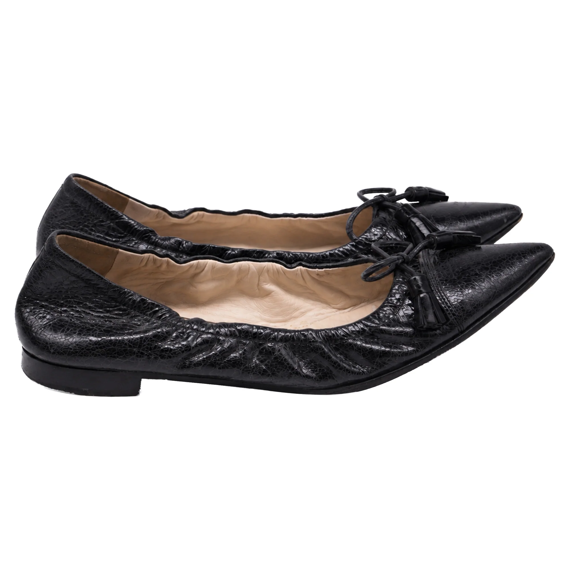 Women's Prada Bow Pointed-Toe Ballet Flats in Black Leather