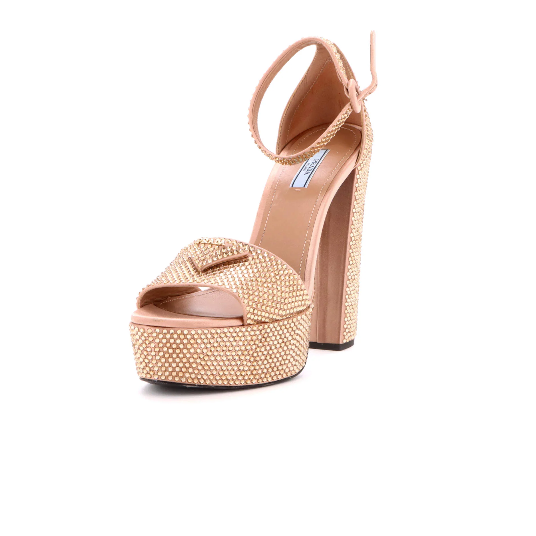 Women's Triangle Logo Ankle Strap Platform Sandals Crystal Embellished Satin