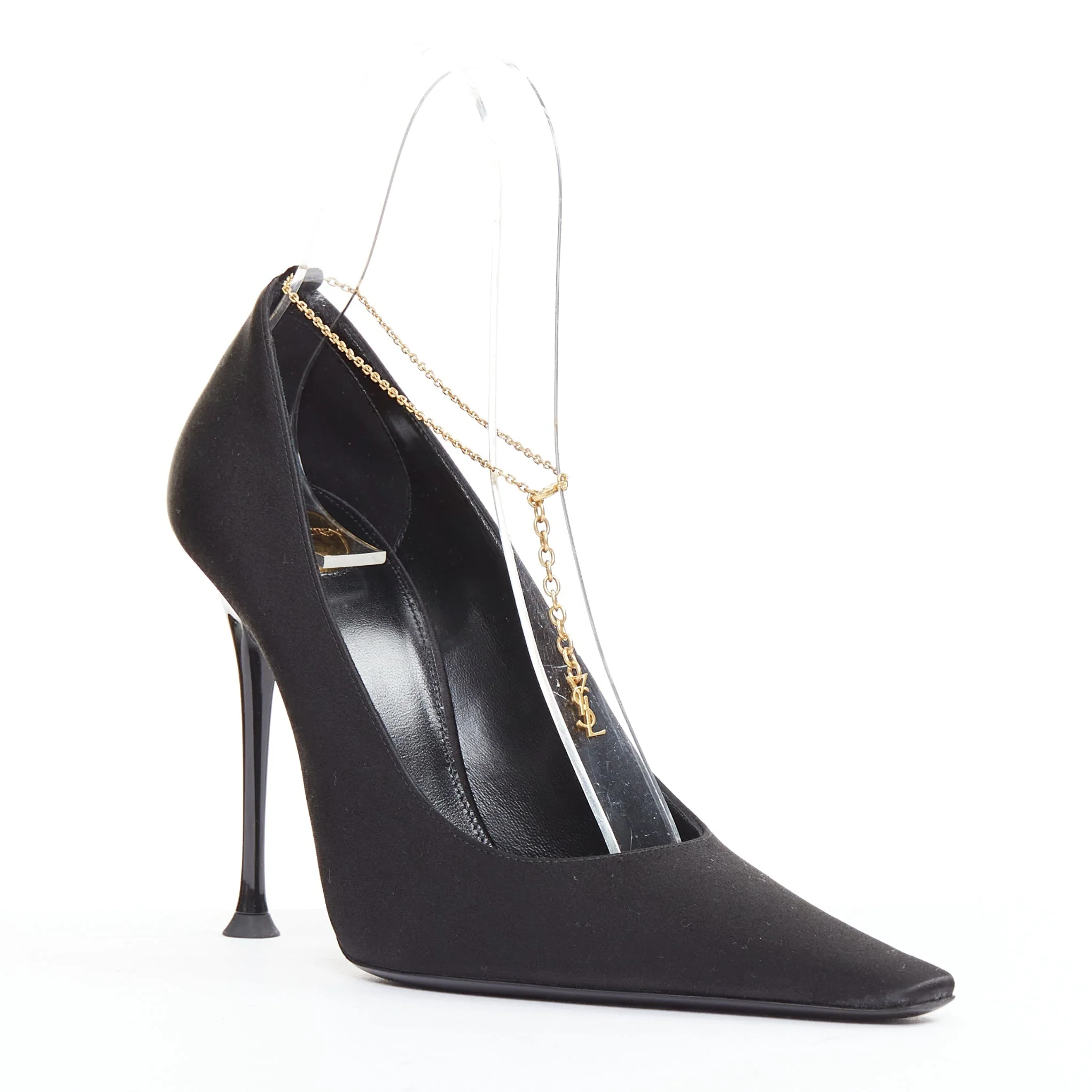 Women's SAINT LAURENT black satin gold-tone YSL chain anklet point toe stiletto EU38 - Image 2