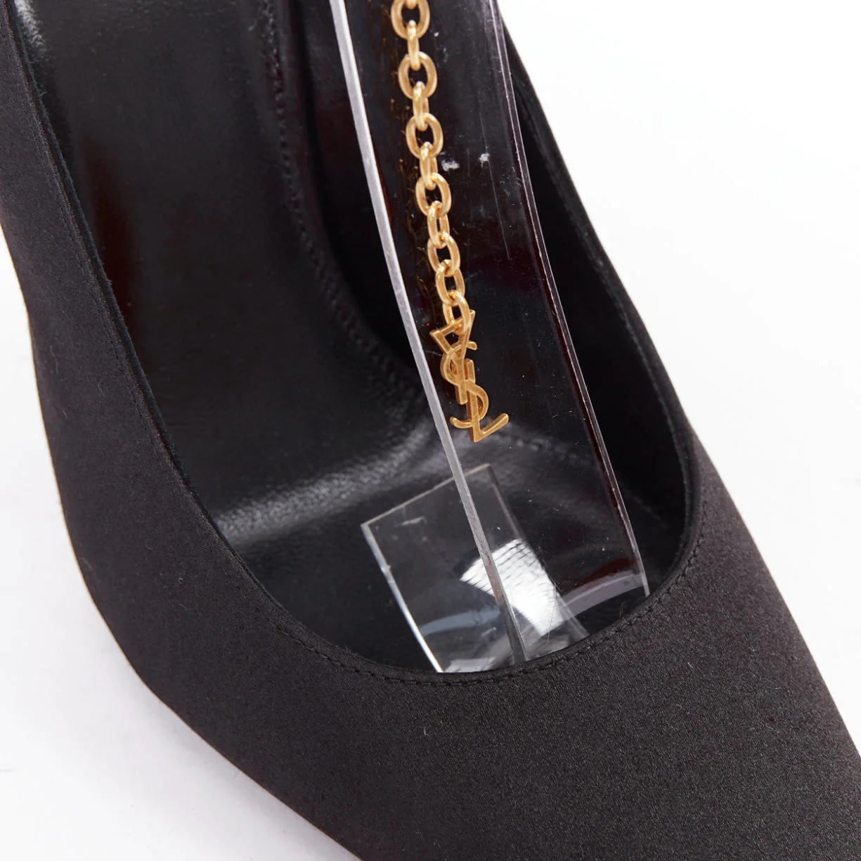 Women's SAINT LAURENT black satin gold-tone YSL chain anklet point toe stiletto EU38 - Image 7