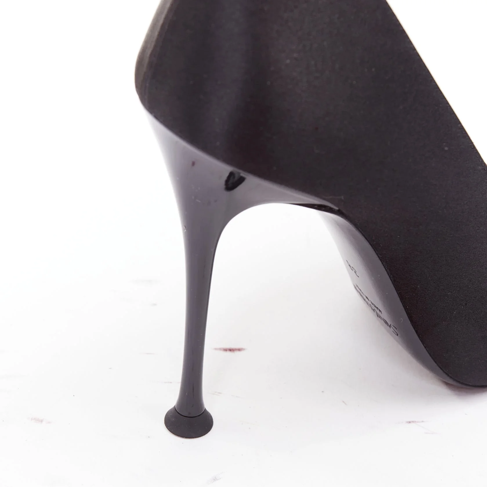 Women's SAINT LAURENT black satin gold-tone YSL chain anklet point toe stiletto EU38 - Image 8