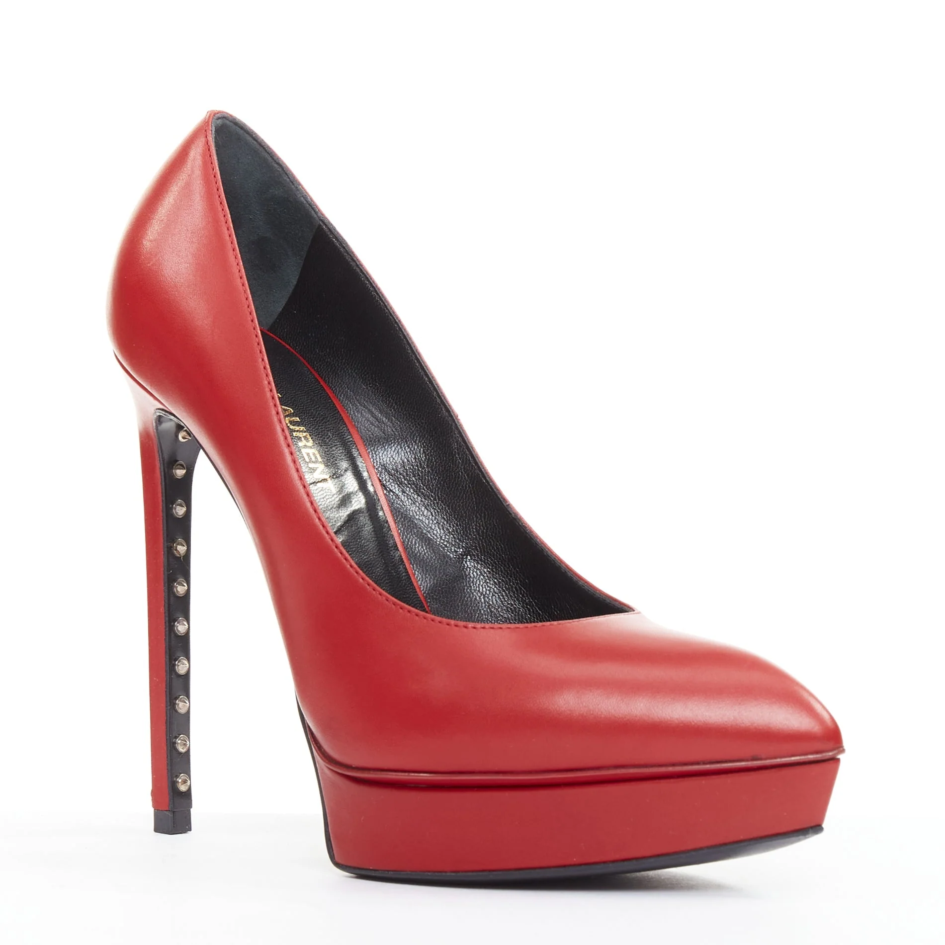 Women's SAINT LAURENT Janis Rouge Oriente red leather studded heel platform pumps EU37.5 - Image 2