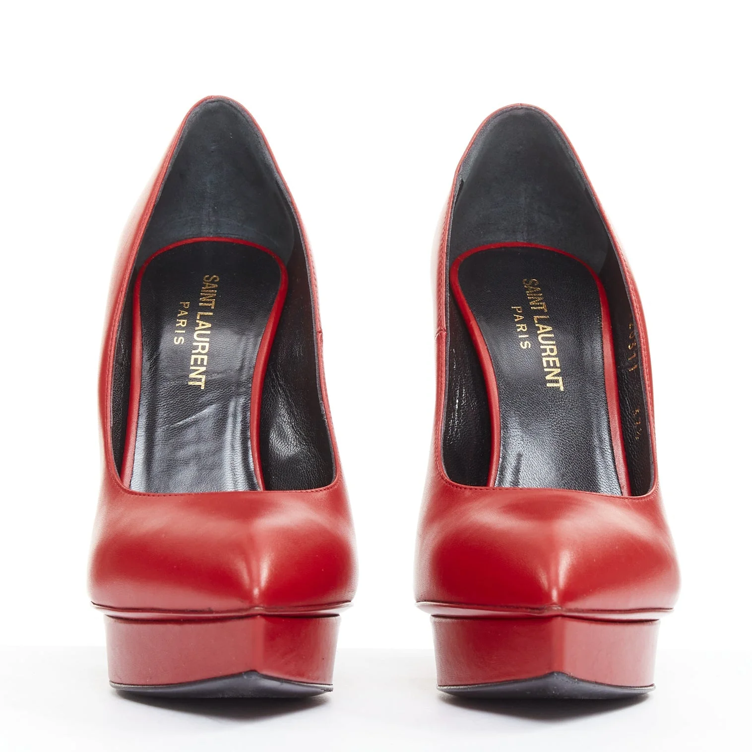 Women's SAINT LAURENT Janis Rouge Oriente red leather studded heel platform pumps EU37.5 - Image 3