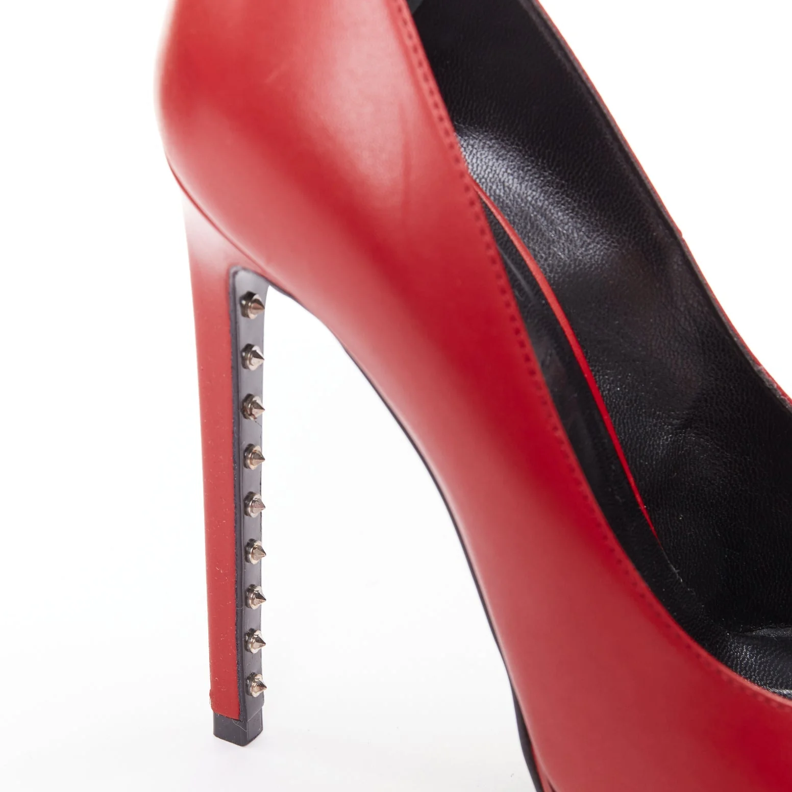 Women's SAINT LAURENT Janis Rouge Oriente red leather studded heel platform pumps EU37.5 - Image 6