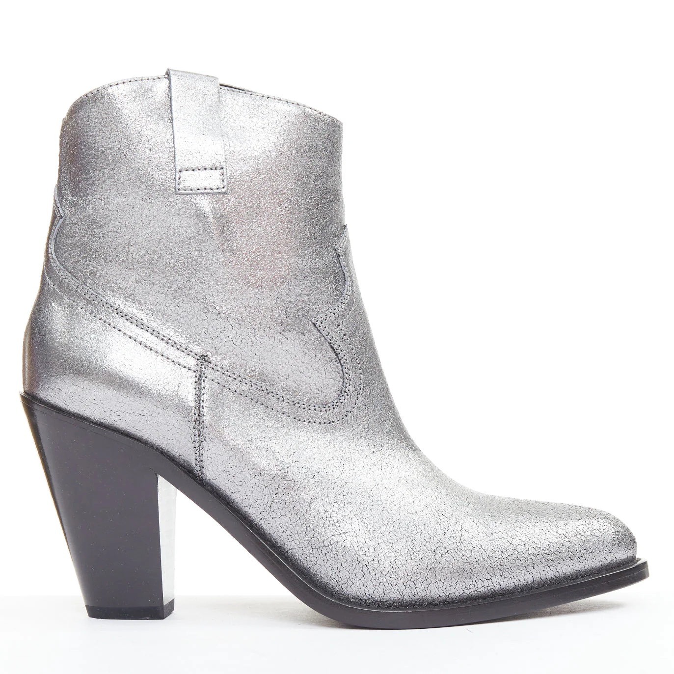 Women's SAINT LAURENT metallic silver blue leather western cowboy ankle boot EU37.5