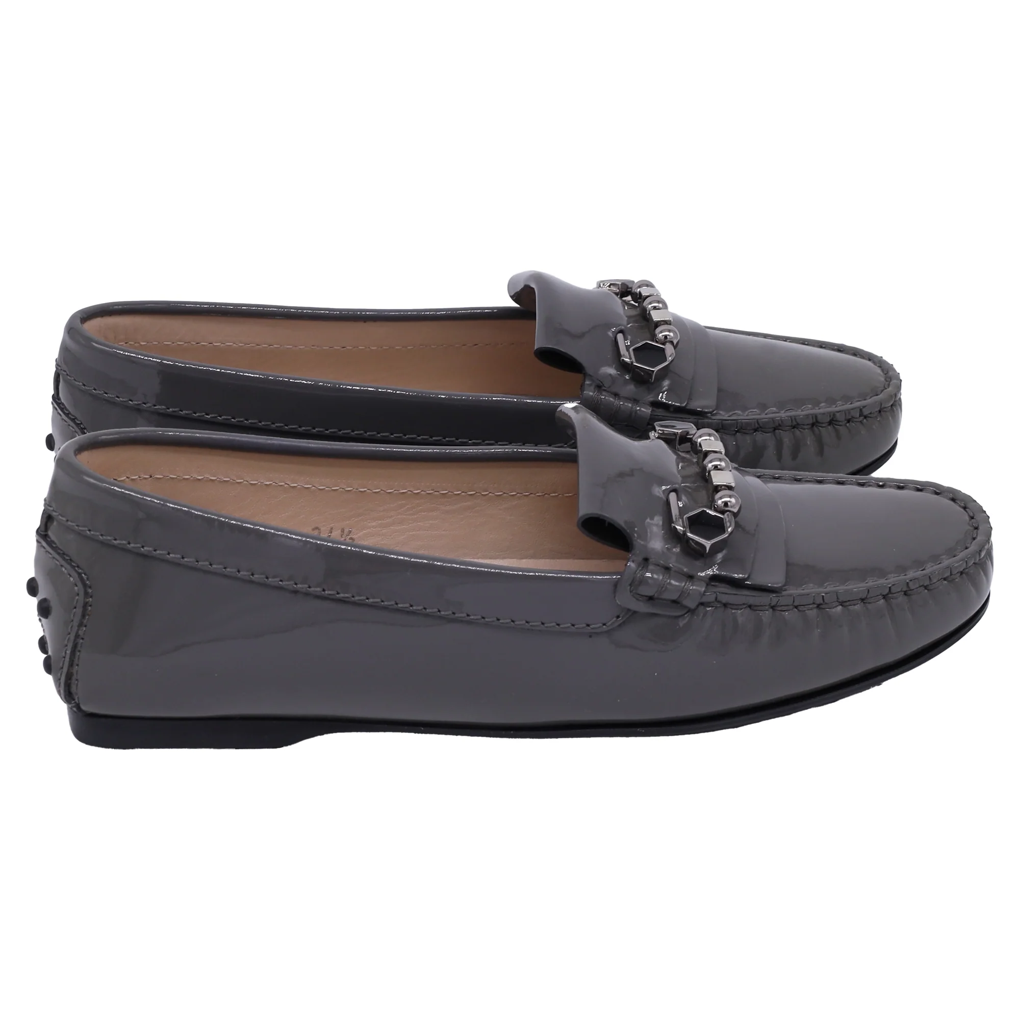 Women's Tod's Embellished Driver Shoes in Grey Patent Leather