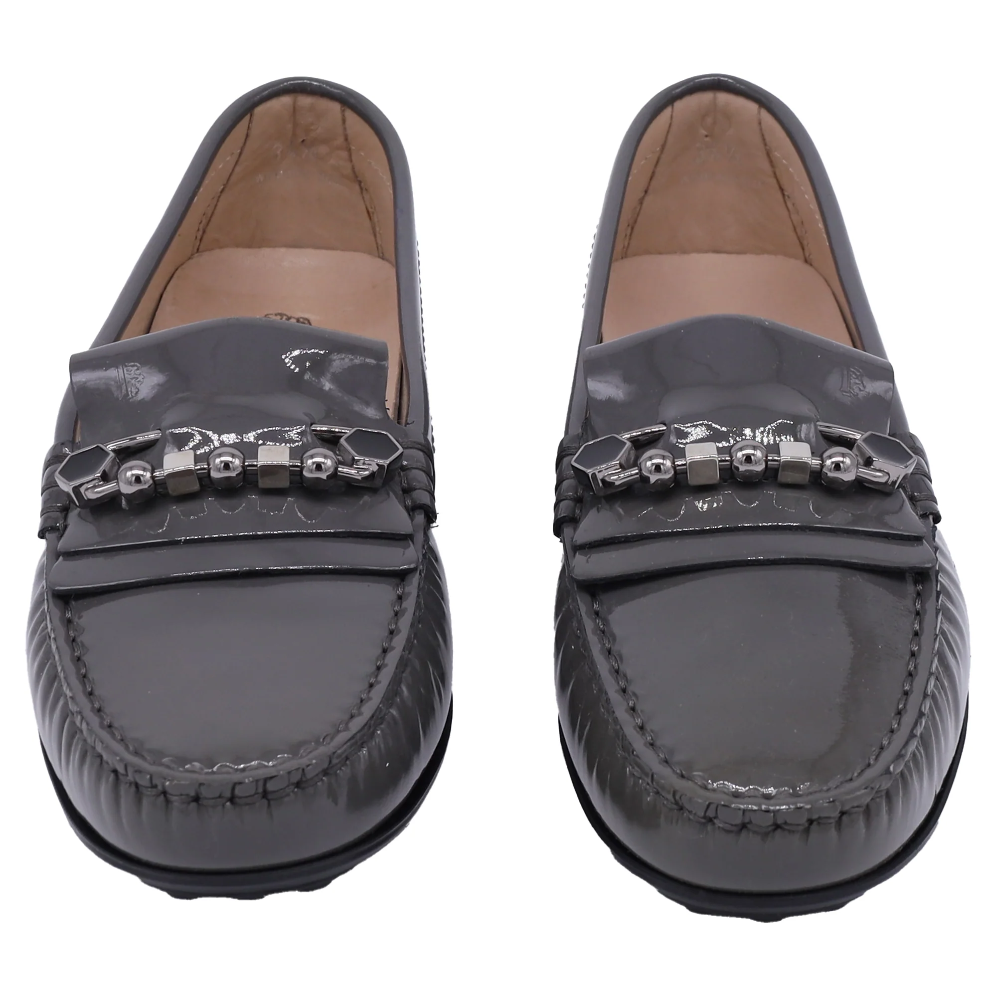 Women's Tod's Embellished Driver Shoes in Grey Patent Leather - Image 2