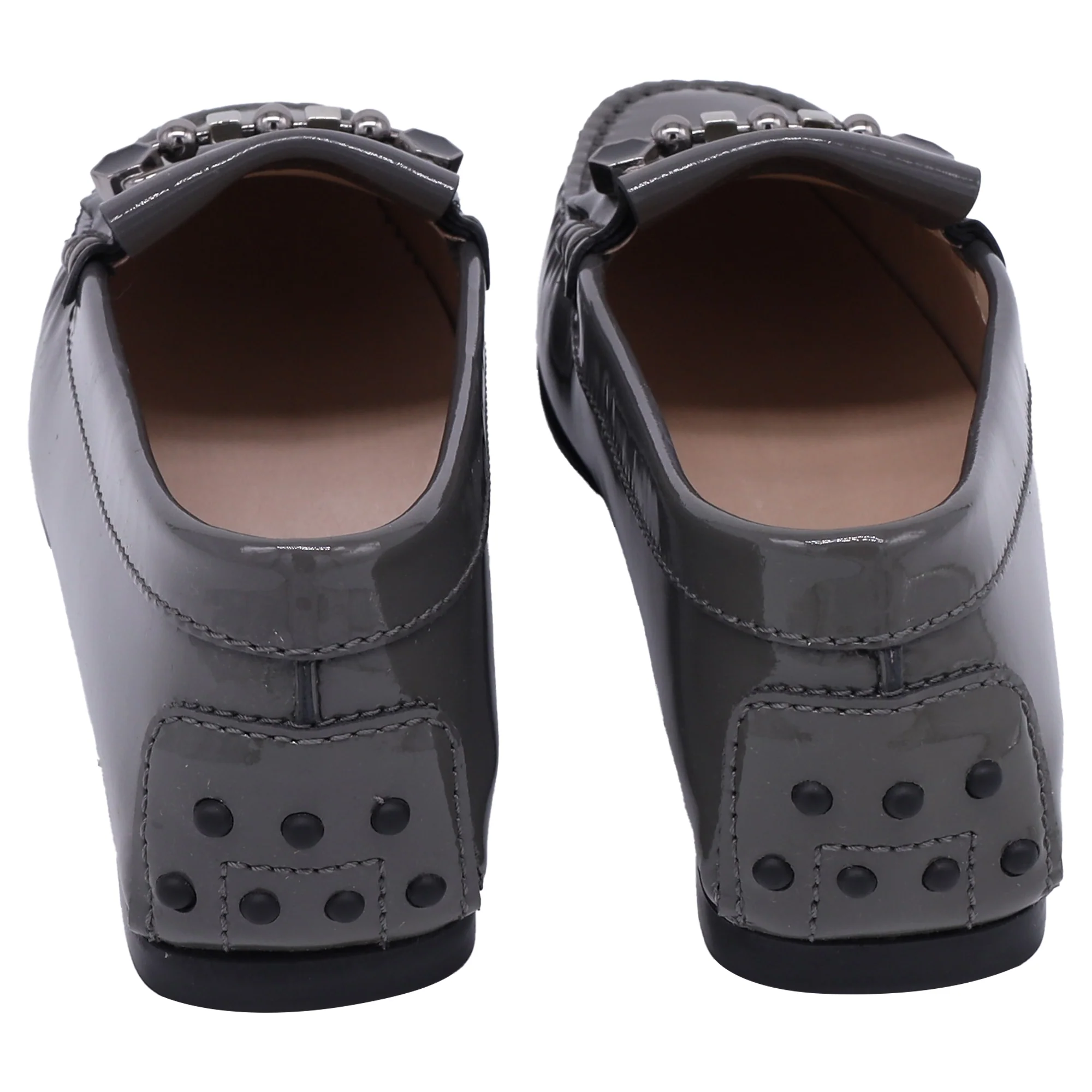 Women's Tod's Embellished Driver Shoes in Grey Patent Leather - Image 3