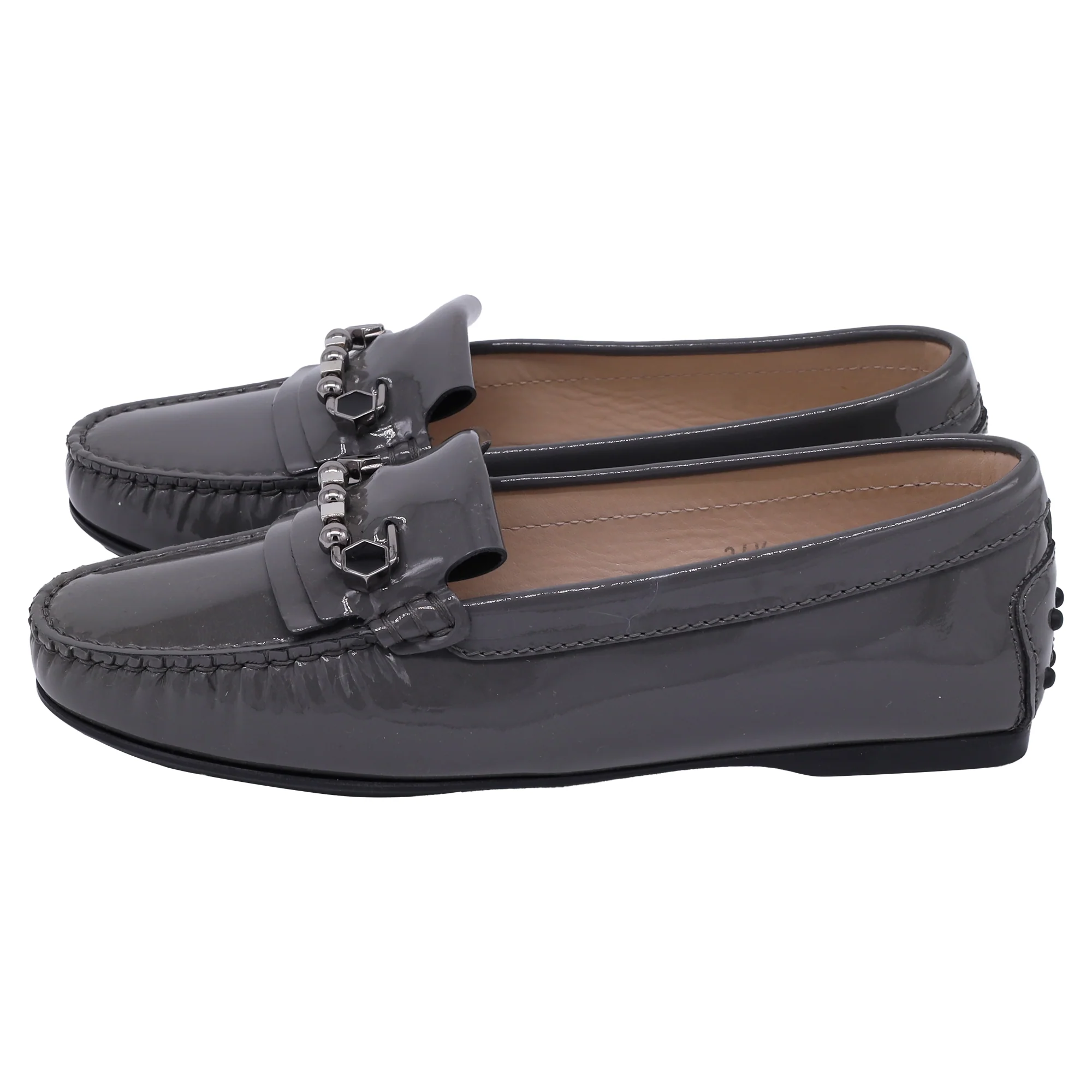 Women's Tod's Embellished Driver Shoes in Grey Patent Leather - Image 4
