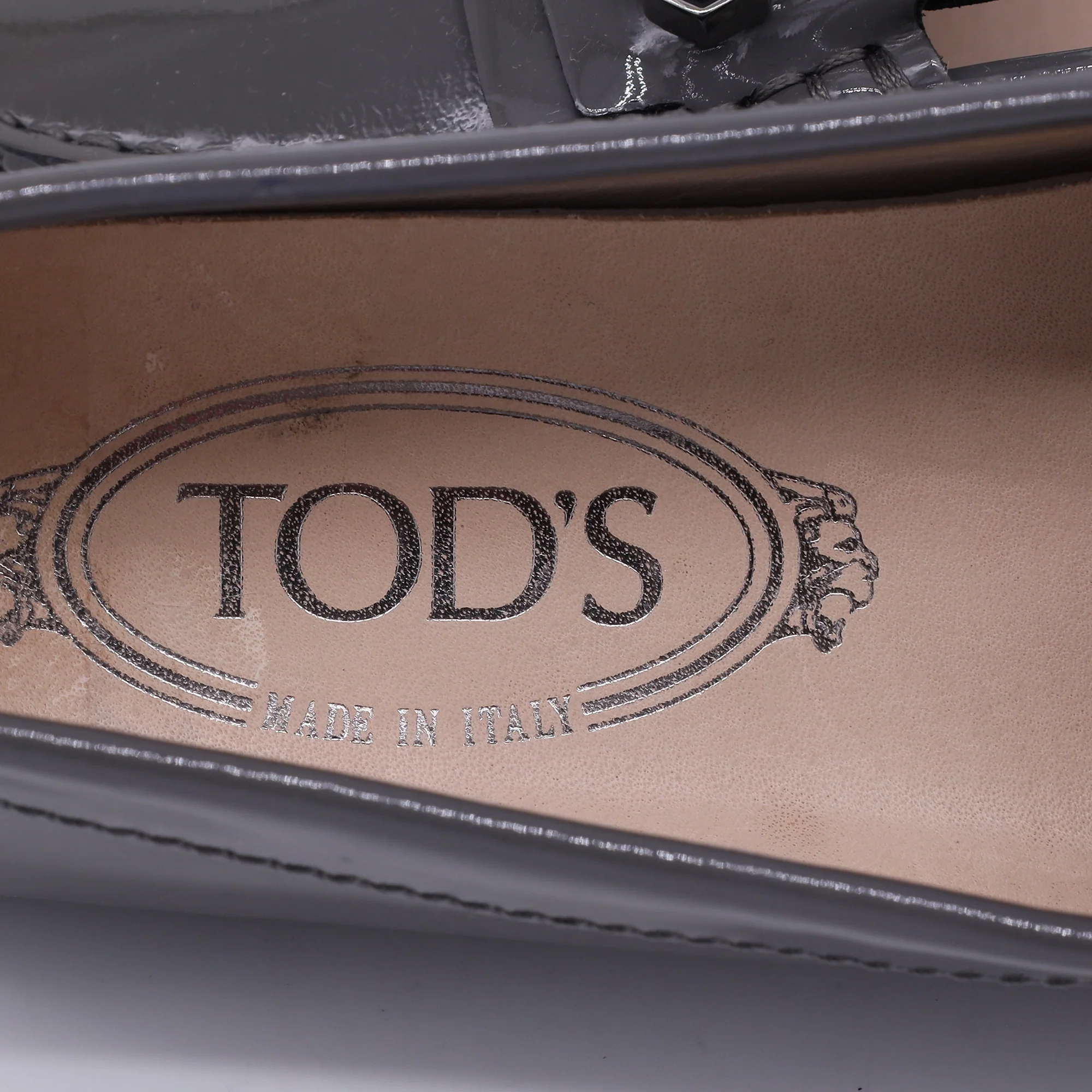 Women's Tod's Embellished Driver Shoes in Grey Patent Leather - Image 6
