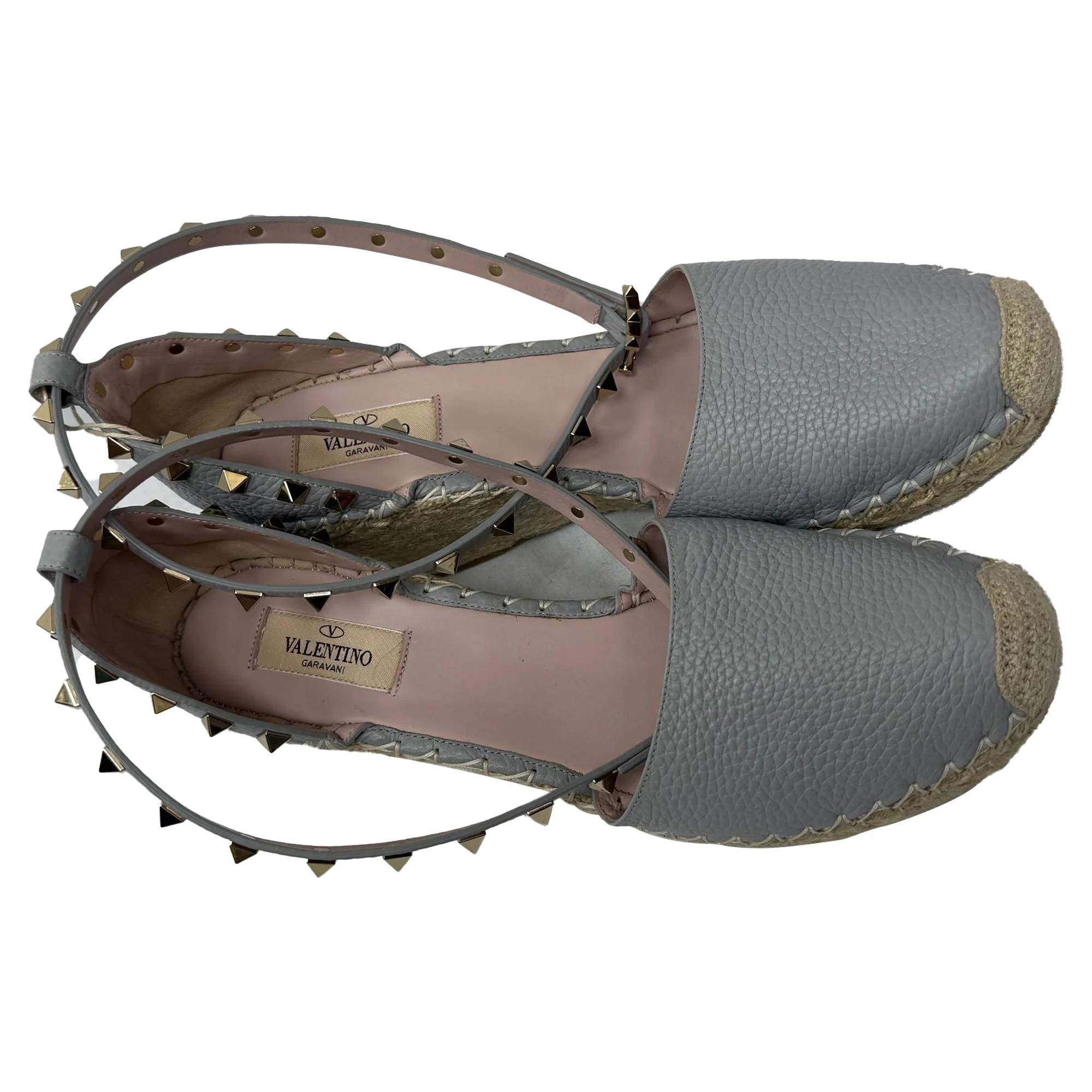 Women's Valentino Rockstud Ankle Strap Espadrille Wedge Pumps in Grey Leather - Image 4