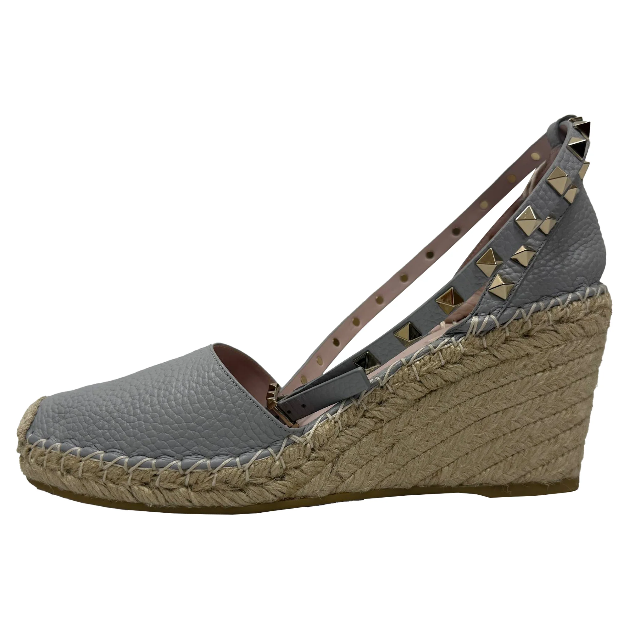 Women's Valentino Rockstud Ankle Strap Espadrille Wedge Pumps in Grey Leather - Image 5