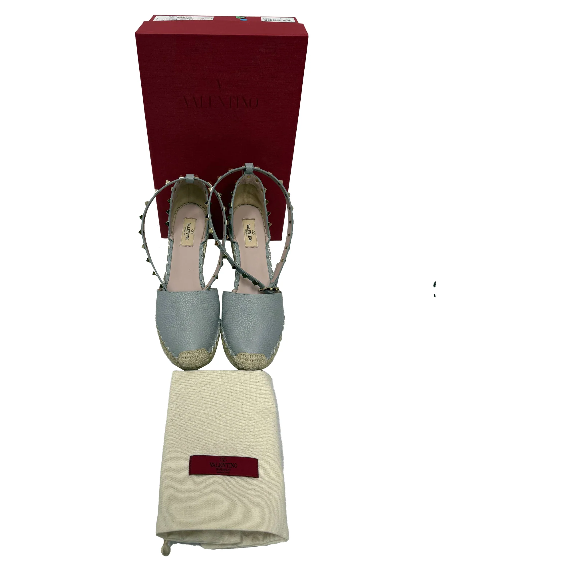 Women's Valentino Rockstud Ankle Strap Espadrille Wedge Pumps in Grey Leather - Image 7