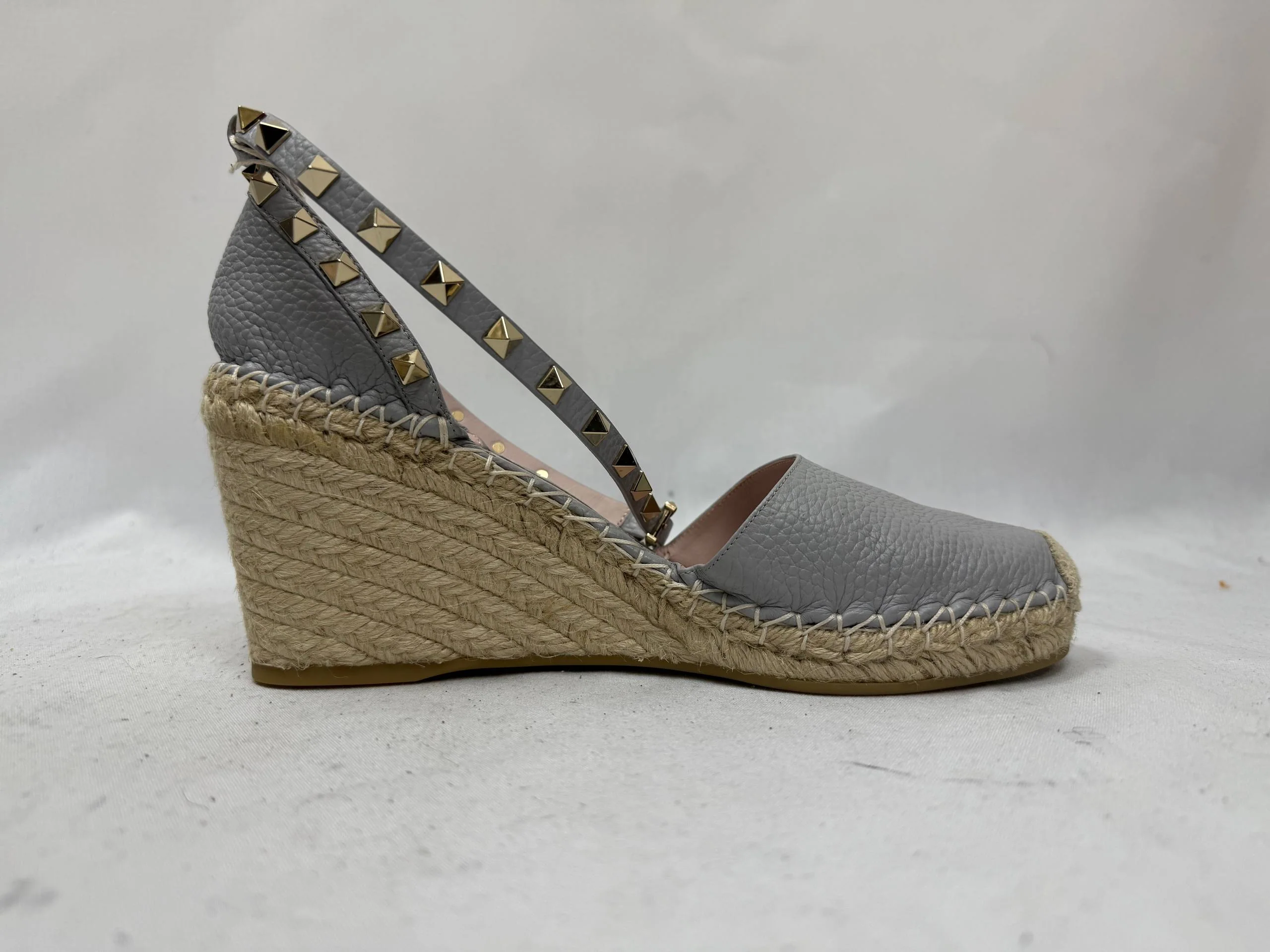 Women's Valentino Rockstud Ankle Strap Espadrille Wedge Pumps in Grey Leather - Image 9