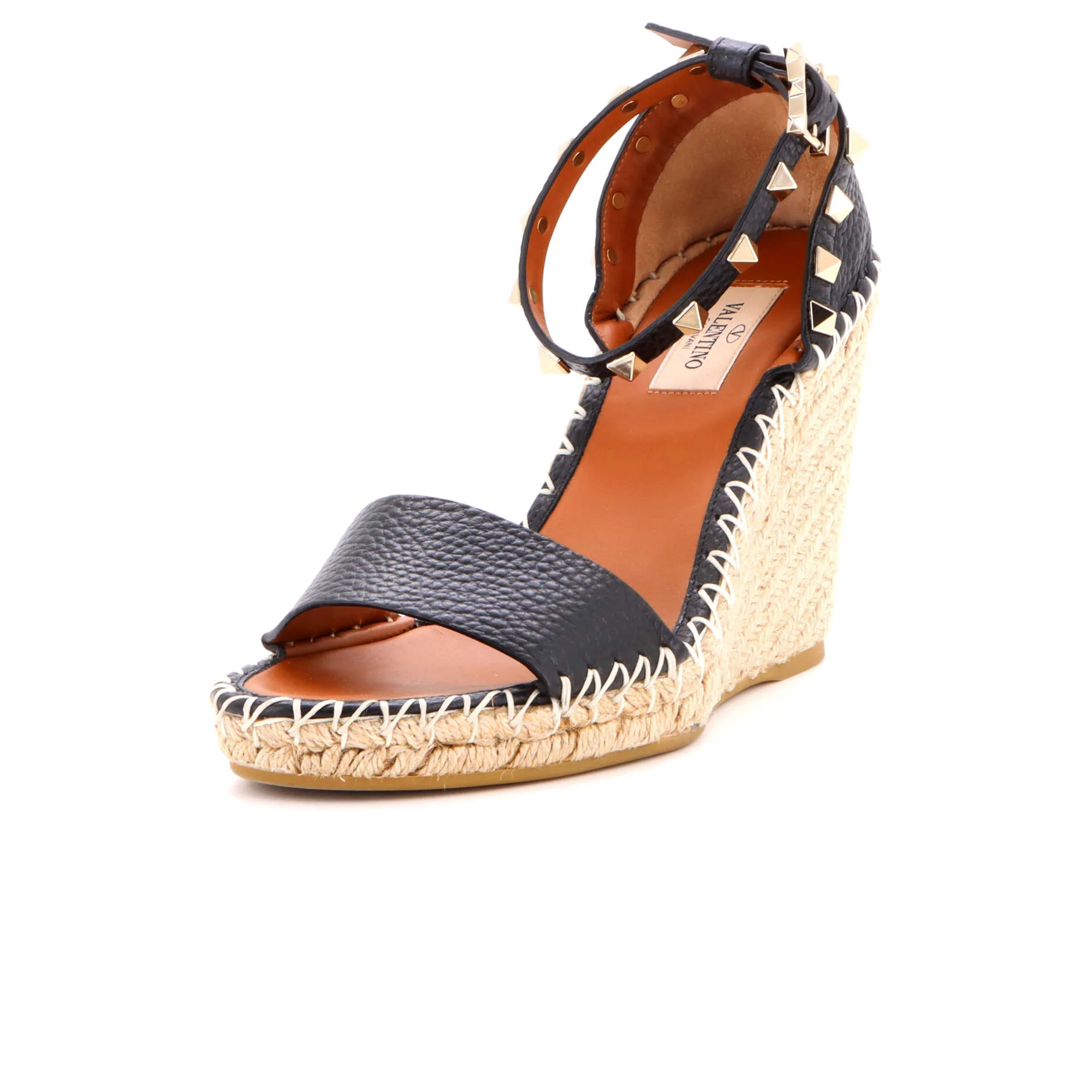 Women's Rockstud Ankle Strap Double Wedge Sandals Leather