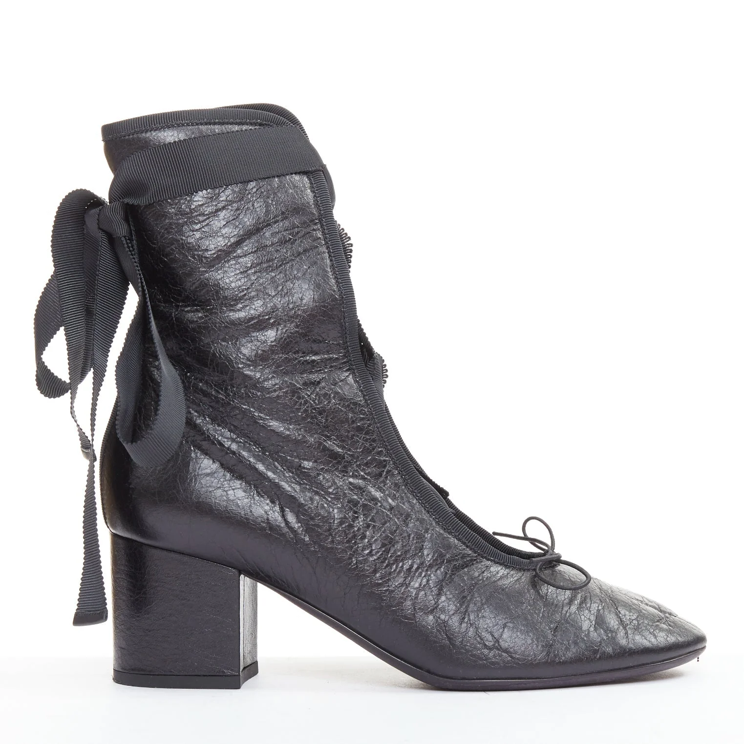 Women's VALENTINO 2016 Runway black crinkled leather ribbon lace ballet booties EU37.5 - Image 2