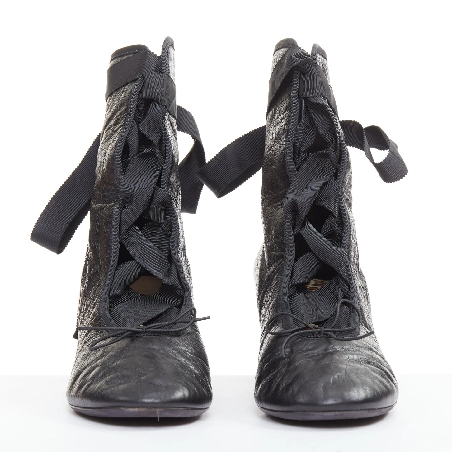 Women's VALENTINO 2016 Runway black crinkled leather ribbon lace ballet booties EU37.5 - Image 3