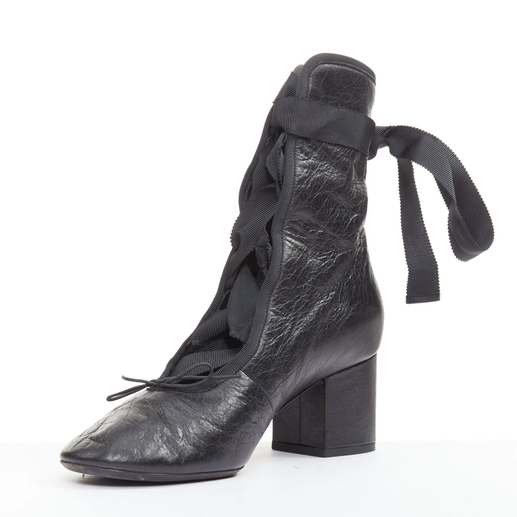 Women's VALENTINO 2016 Runway black crinkled leather ribbon lace ballet booties EU37.5 - Image 4