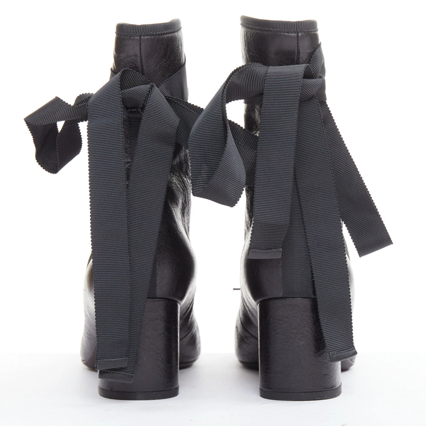 Women's VALENTINO 2016 Runway black crinkled leather ribbon lace ballet booties EU37.5 - Image 5