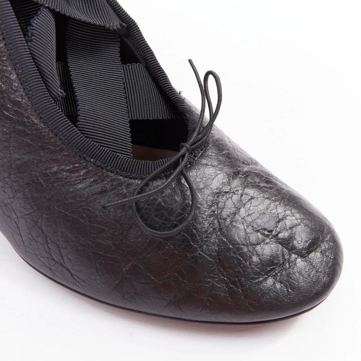 Women's VALENTINO 2016 Runway black crinkled leather ribbon lace ballet booties EU37.5 - Image 7