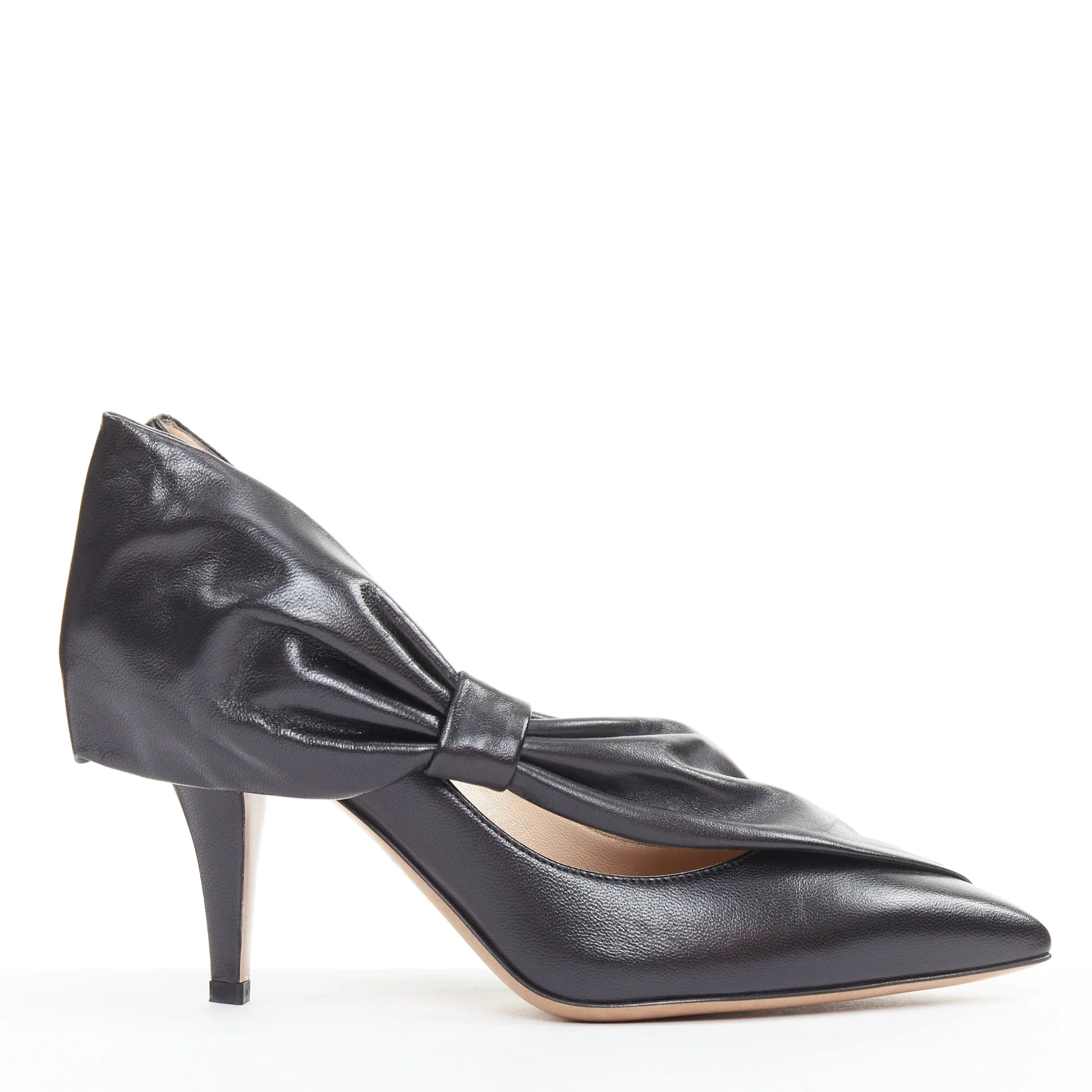 Women's VALENTINO black leather oversized bow point toe kitten pumps EU37