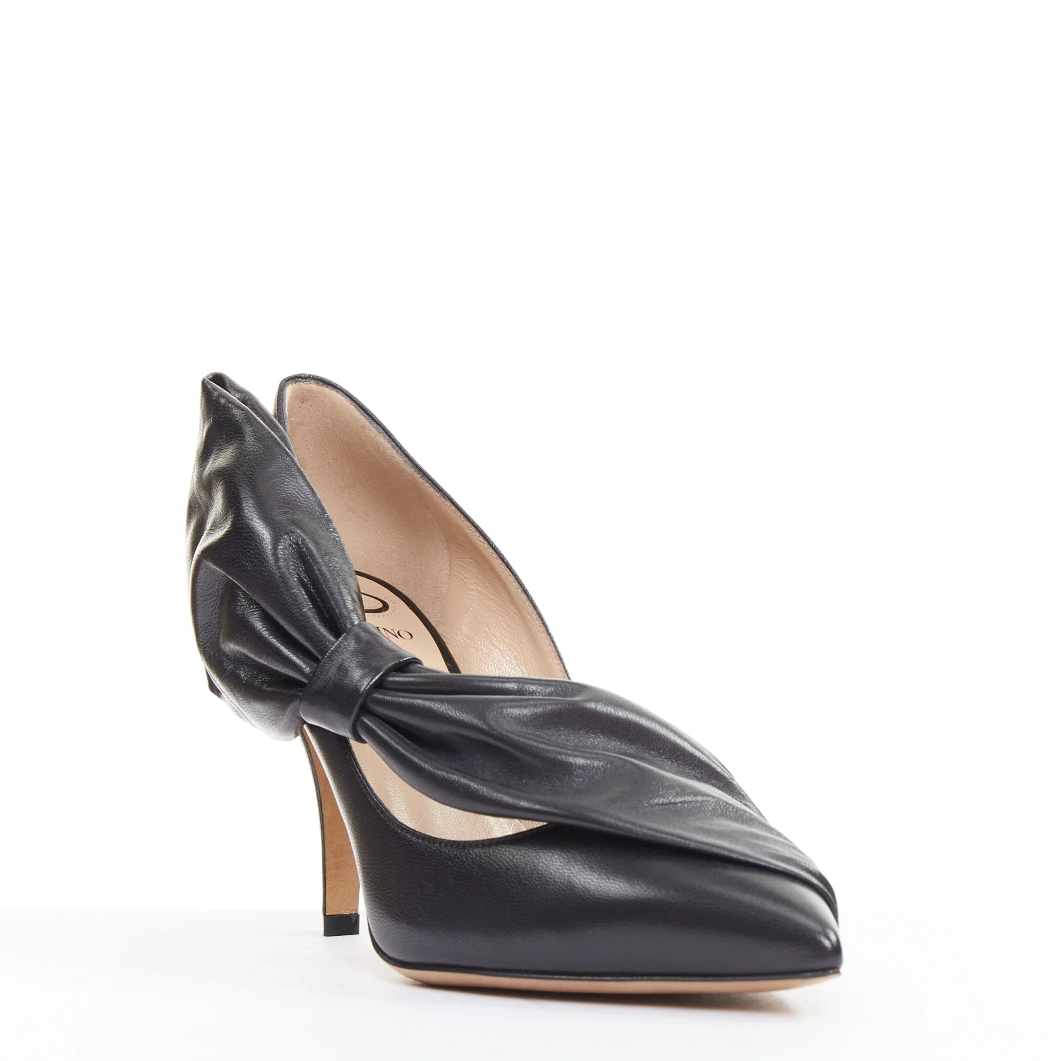 Women's VALENTINO black leather oversized bow point toe kitten pumps EU37 - Image 2