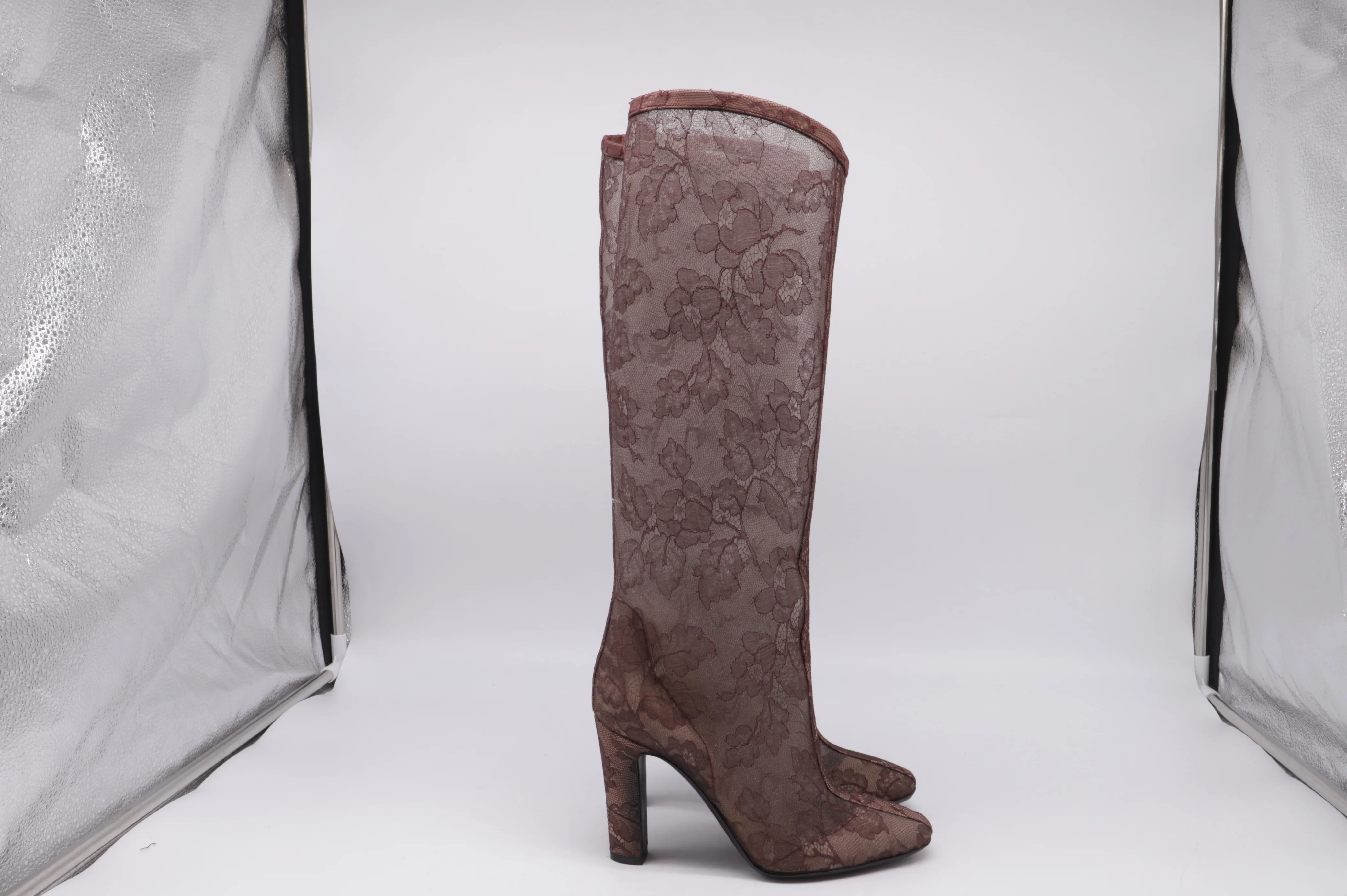 Women's Valentino Garavani Floral Lace Detailed Knee-High Boots in Brown Polyester - Image 10