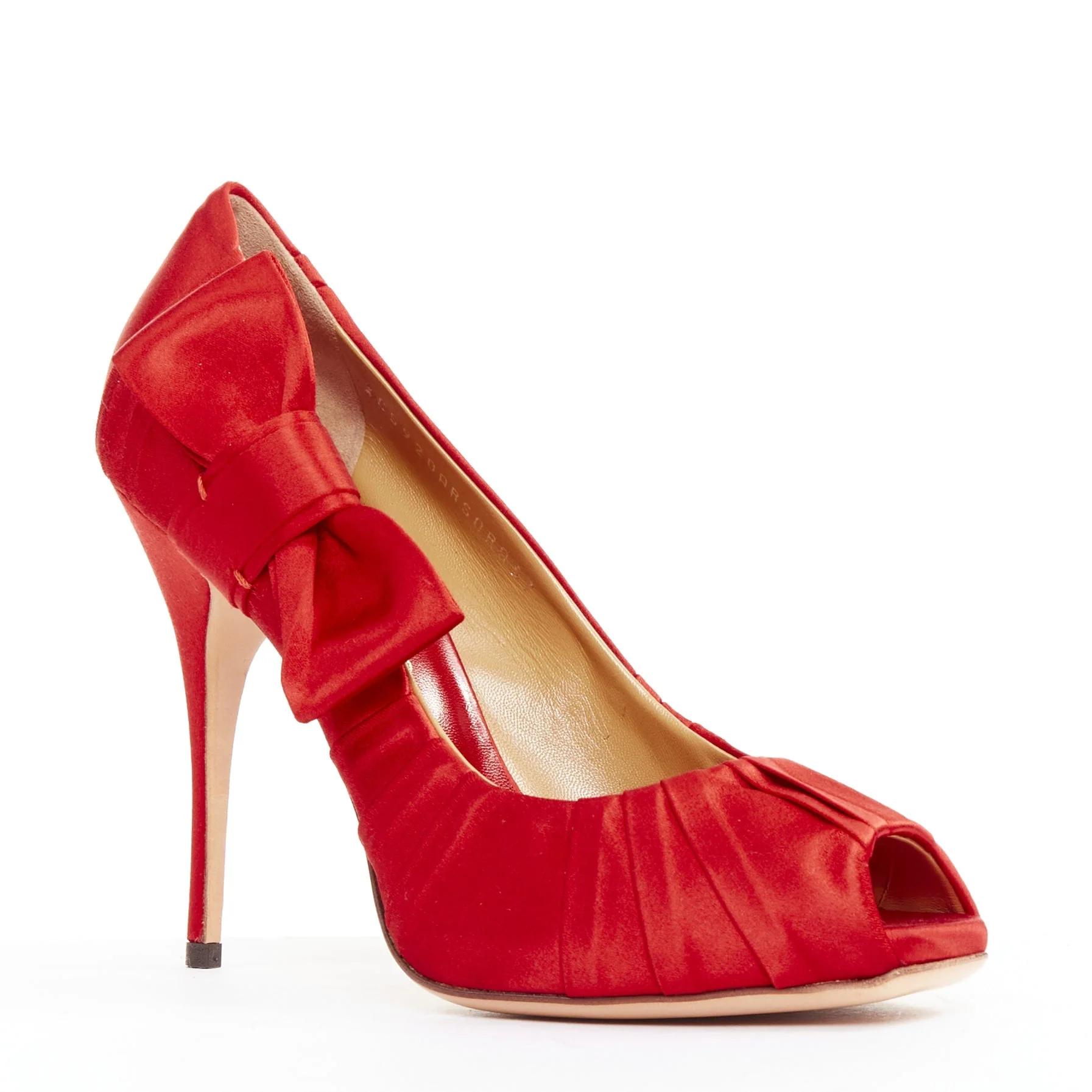 Women's VALENTINO red pleated satin ribbon bow peep toe stiletto pumps EU37 - Image 2