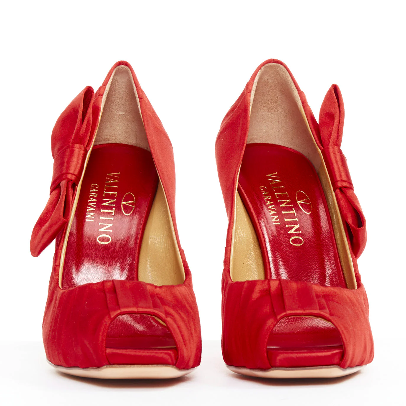 Women's VALENTINO red pleated satin ribbon bow peep toe stiletto pumps EU37 - Image 3