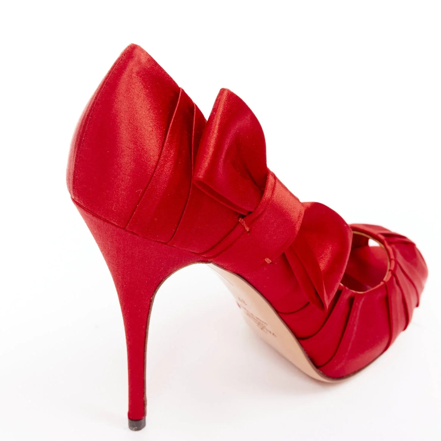Women's VALENTINO red pleated satin ribbon bow peep toe stiletto pumps EU37 - Image 8