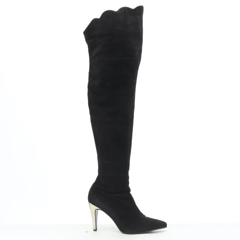 Women's GIANNI VERSACE black suede scalloped topline gold heel knee high boot EU37