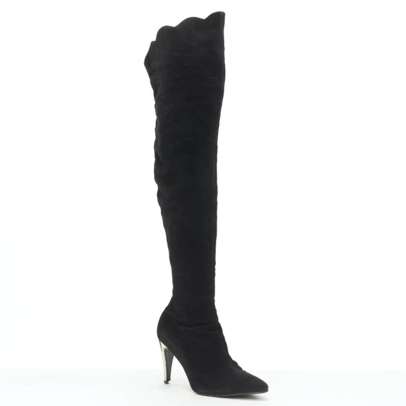Women's GIANNI VERSACE black suede scalloped topline gold heel knee high boot EU37 - Image 2