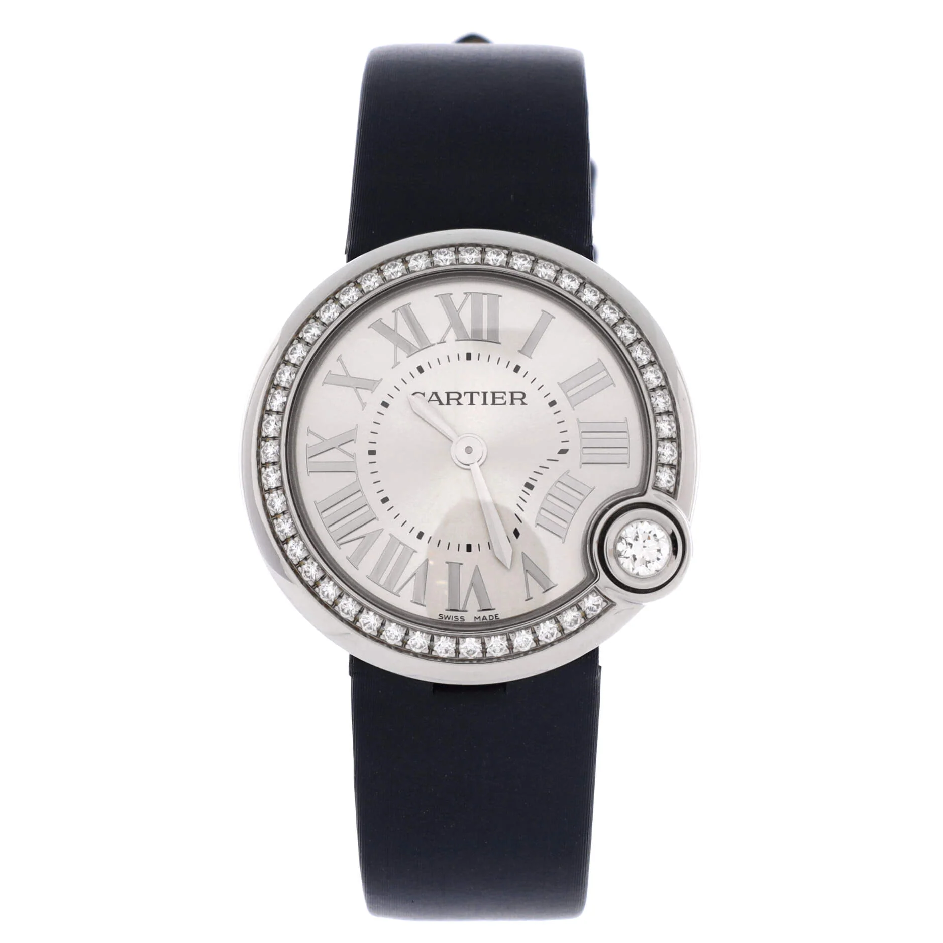 Ballon Blanc de Cartier Quartz Watch Stainless Steel and Satin with Diamond Bezel 30